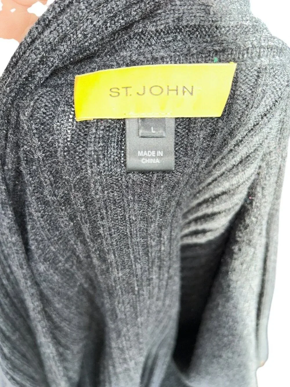 St John charcoal gray ribbed fringe trim cardigan sweater L